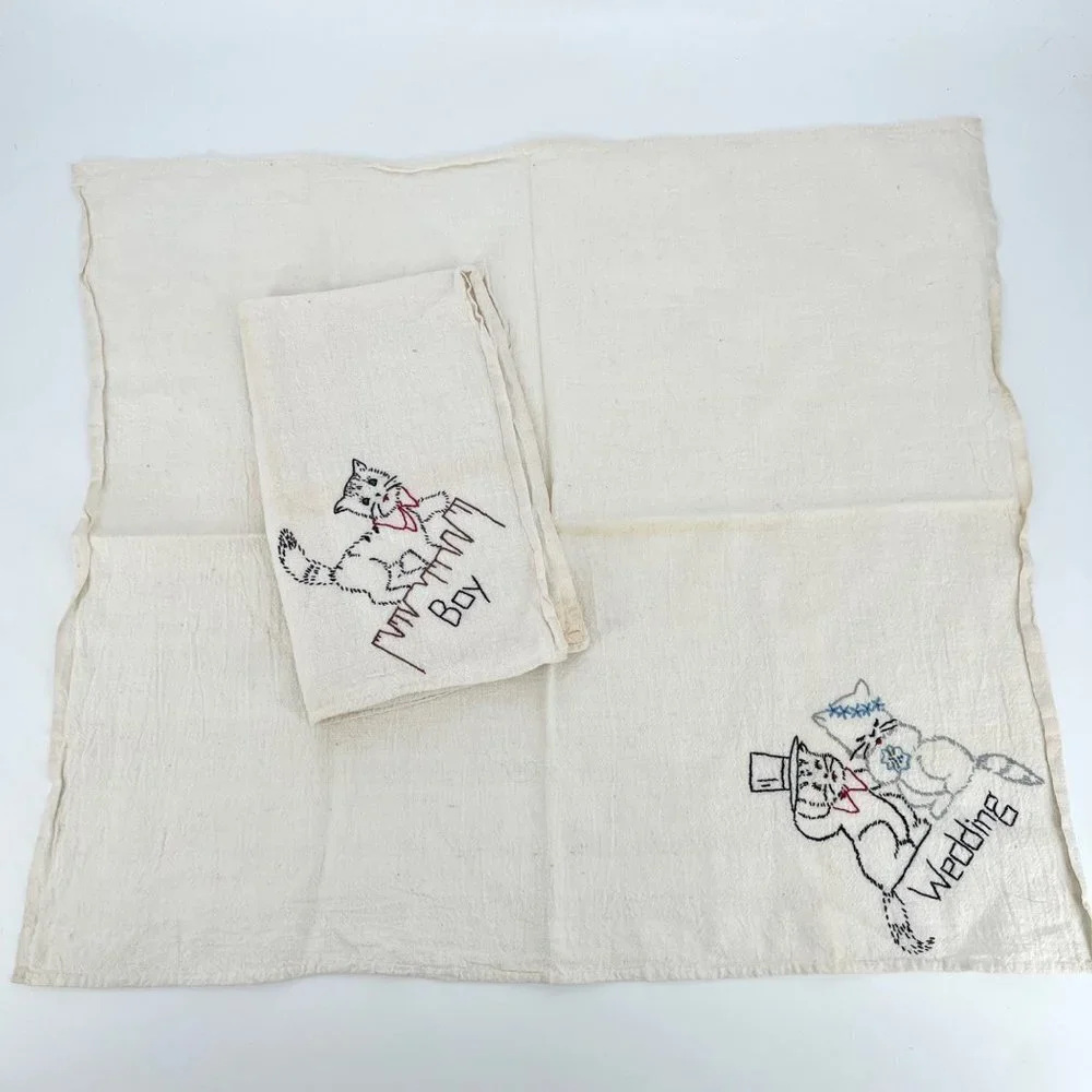 Vintage Hand Embroidered Natural Undyed Cotton Tea Cloth or Heavy Towels Wedding